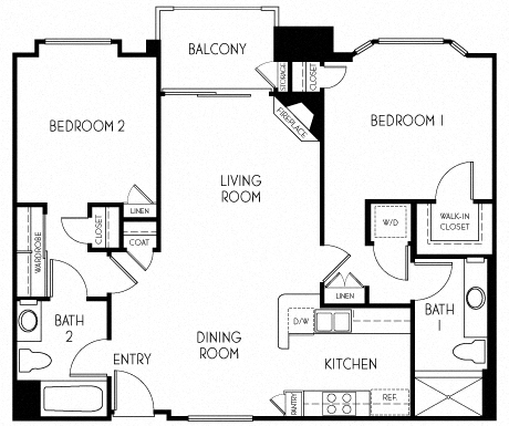Floor plan for 2 beds, 2 baths, 961 sqft